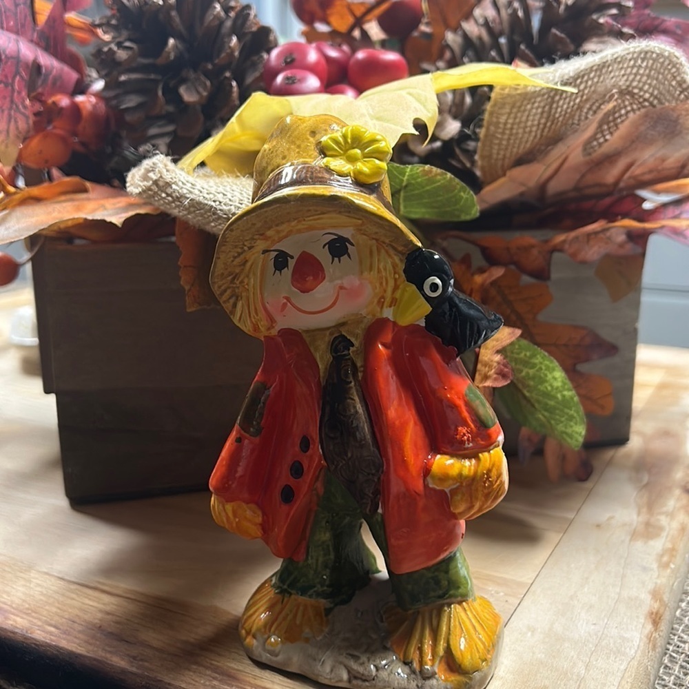 Vintage RB Ceramic Halloween Scarecrow Figure Japan Decor Crow Rare 1960's